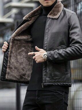 Black Casual Men's Long Sleeve Thickened Fleece Faux Leather Jacket